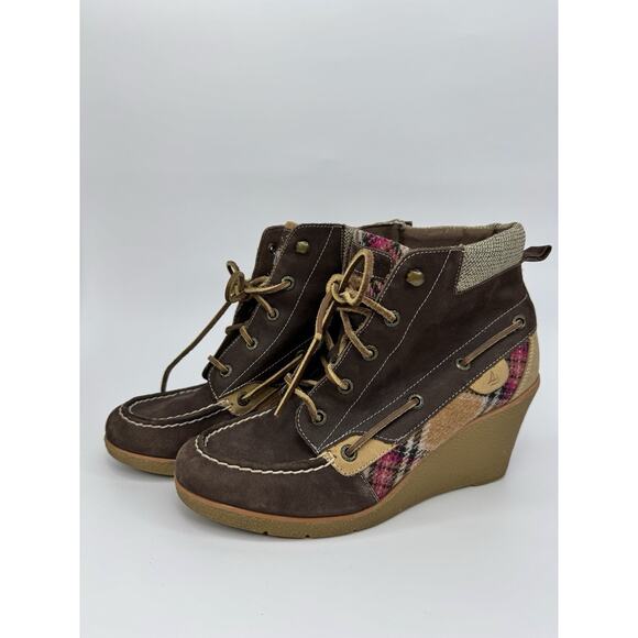 SPERRY Shoes - Sperry Top-Sider GOLDFISH Wedge Boat Shoes Womens Size 9M Brown Leather & Plaid